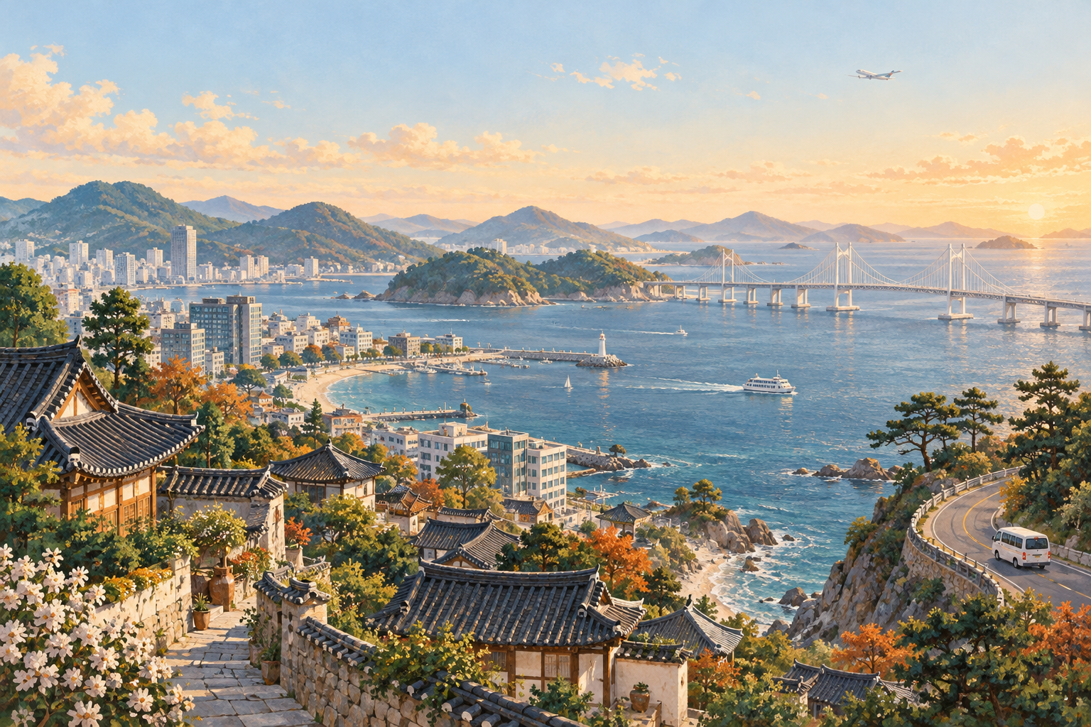 海岸城市、跨海大桥和蜿蜒公路组成的旅行主题插画